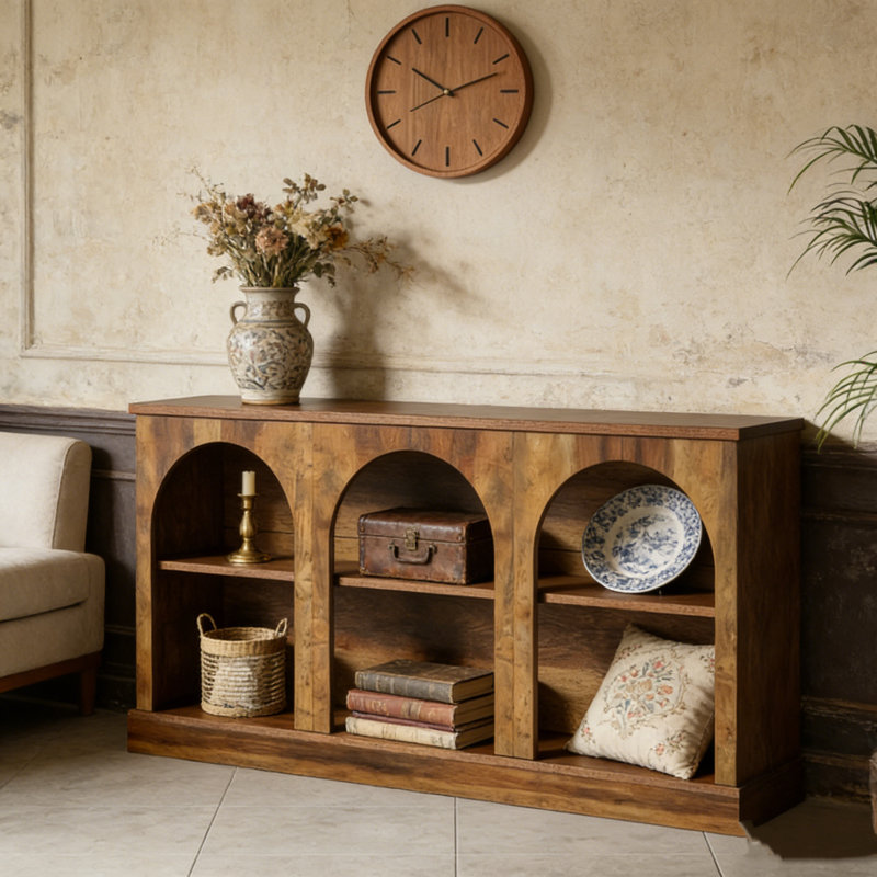 Console rustique arquée avec trois compartiments ouverts, pour le salon, le couloir ou la salle à manger, grain de bois brun foncé