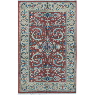 One-of-a-Kind Hand-Knotted High-Quality 5'1" x 8'1" Wool Area Rug in Rust/Beige/Navy