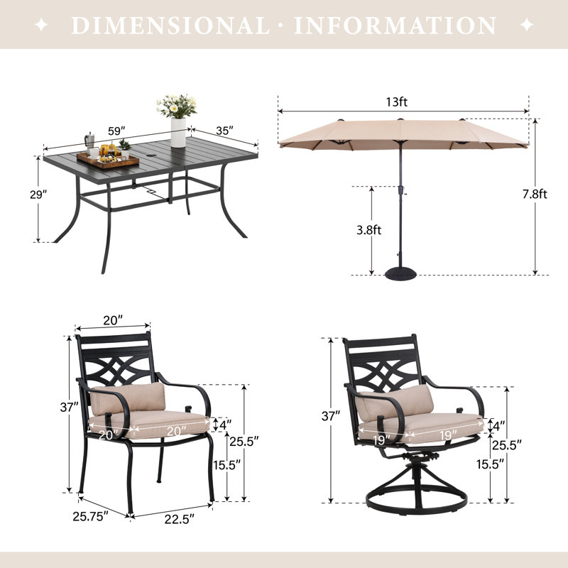 Ensemble de salle à manger rectangulaire pour 6 personnes de 60 po avec coussins et parasol Aivo, Beige