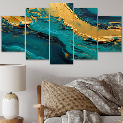 «Golden Sunshine In Deep Blue Ocean Abstract II», reproduction sur toile abstraite - 5 panneaux