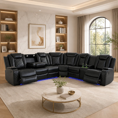3-Piece Faux Leather Power Reclining Theater Sectional with LED Lighting and USB Ports