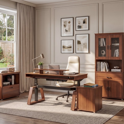 63" Walnut Full Home Office Set, Height Adjustable Standing Desk with Storage Cabinet, Bookcase  Ergonomic Executive Office Chair