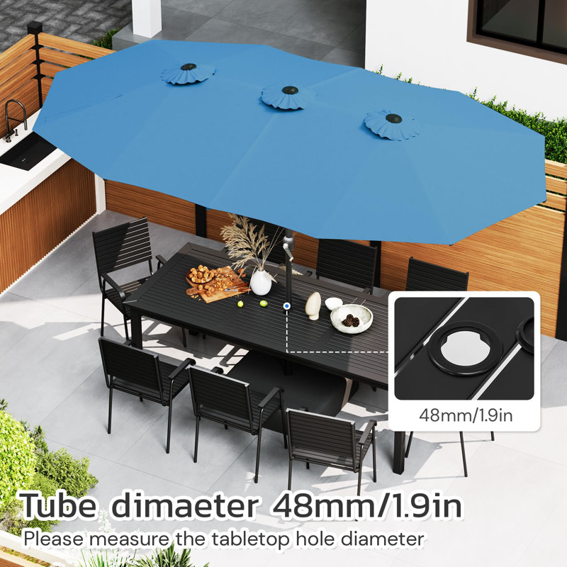 Parasol d'extérieur double face avec base incluse, Bleu
