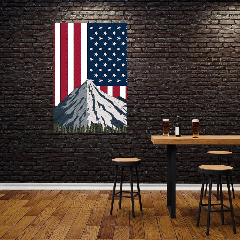 Affiche murale abstraite contemporaine représentant un paysage de montagne et de conifères avec le drapeau américain
