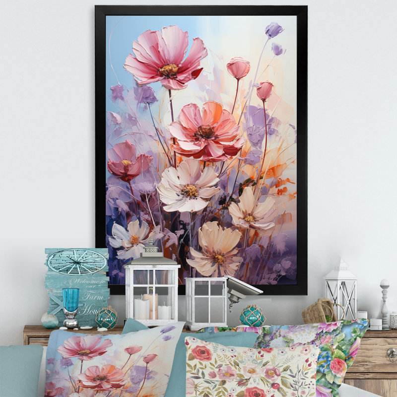 Impression romantique sur toile, "Pink Wildflowers", H 40 po x l 30 po x P 1,5 po, Cadre simple noir