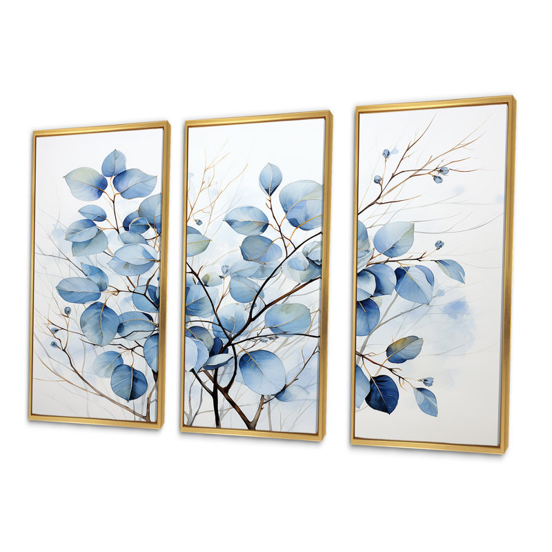 «Blue On», Leaves on Branch III - feuilles, ensemble d'art sur toile, H 32 po x l 48 po x P 1 po, Cadre flottant doré