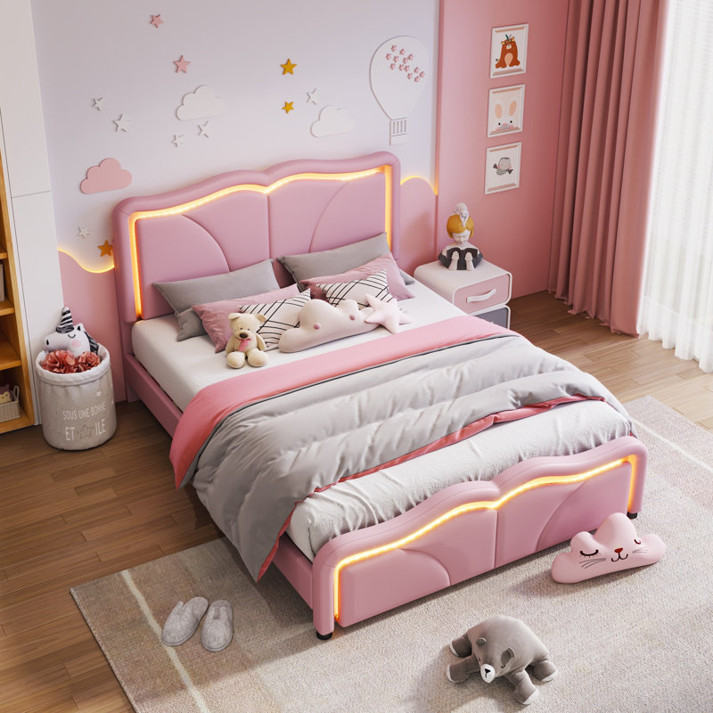 Lit plateforme tapissier avec tête de lit courbée et à hauteur ajustable, bandes lumineuses à DEL, Lit double, Rose