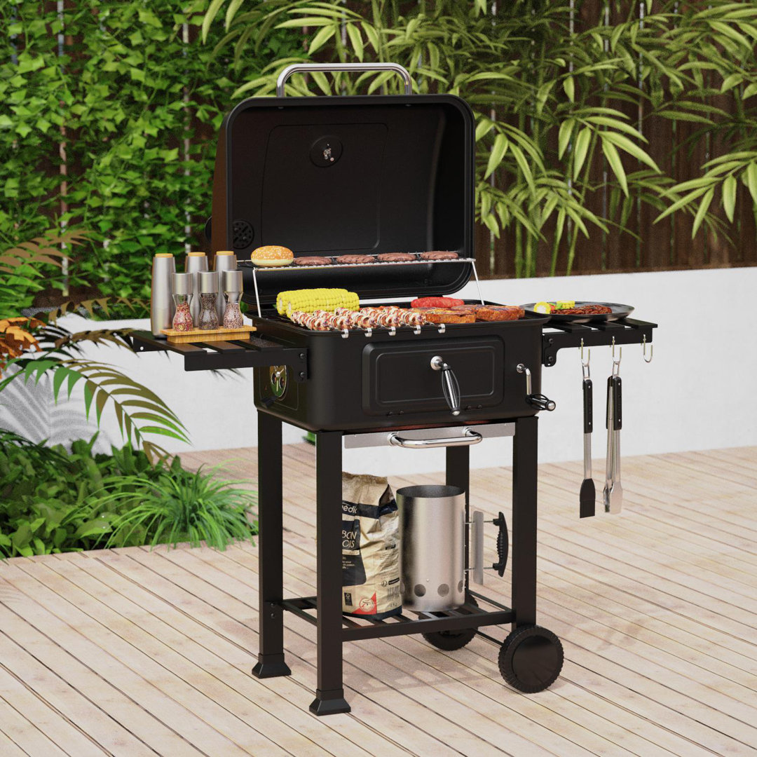 House of Home BBQ Smoker Grill Folding Tables, Thermometer, Adjustable Charcoal Pan, Chimney