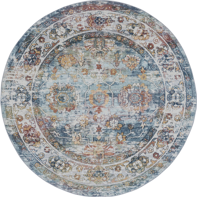 Athulya Gwendolyn Oriental Blue/Cream Area Rug, Round 7'10"