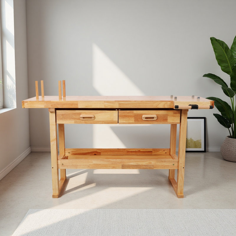 Établi 60 po en bois d'hévéa massif avec 2 tiroirs, tablette ouverte, atelier de menuiserie et utilisation domestique