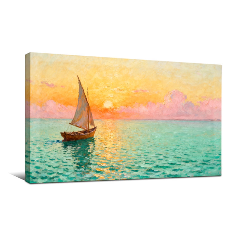 Nautique et plage, voilier, coucher de soleil, océan, réflexion sur toile, H 16 po x l 32 po
