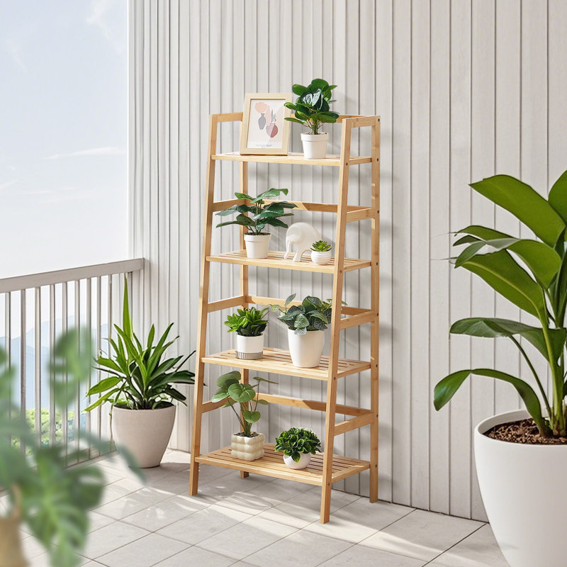 Natural Bamboo 4-Tier Ladder Bookshelf for Plants and Decor