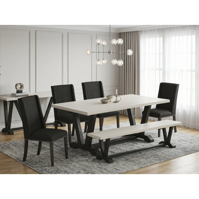 6 Piece Dining Room Table Set Contains a Rectangle Kitchen Table with V-Legs and 4 Black Linen Fabric Parson Chairs with a Bench, Wire brushed Black