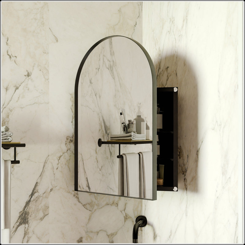 Pharmacie d'angle en métal 18 po x 24 po avec miroir arqué, tablettes réglables et conception compacte pour les petites salles de bain