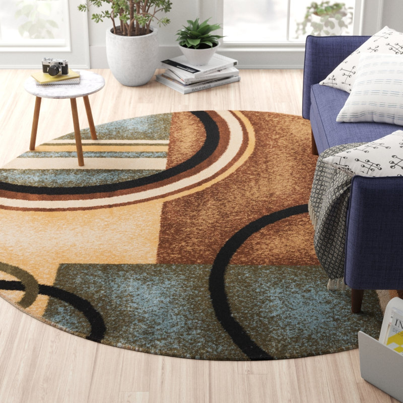 Tapis bleu clair moderne à motif d'arcs et de formes Abbie, Rond 5 pi 3 po