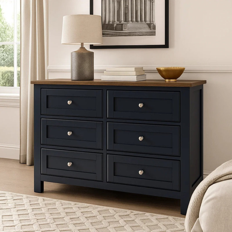 Grande commode Docken, 6 tiroirs, style Shaker, bleu ardoise et brun clair