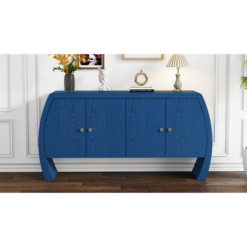 En placage de bois et frêne avec tablettes intégrées de couleur bleu marine, base à pieds courbés pour usage résidentiel