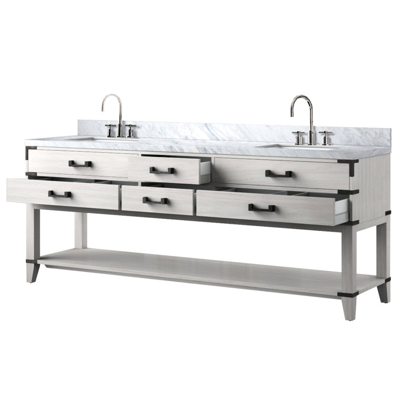 Meuble-lavabo double en chêne blanc 84 po, comptoir en marbre, robinet, fermeture en douceur, armoire de rangement à quatre tiroirs l 84 po x P 22 po avec quatre tablettes suspendues