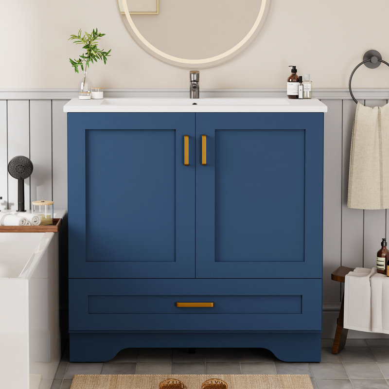 Meuble-lavabo autoportant 36 po avec lavabo 36 po, meuble-lavabo à 2 portes et 1 tiroir, poignée en métal, bleu, Blue, 36"