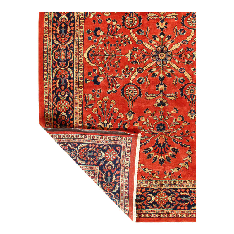 Tapis unique en laine noué à la main rouge / bleu foncé / beige 9 pi 2 po x 12 pi 1 po Sarouk