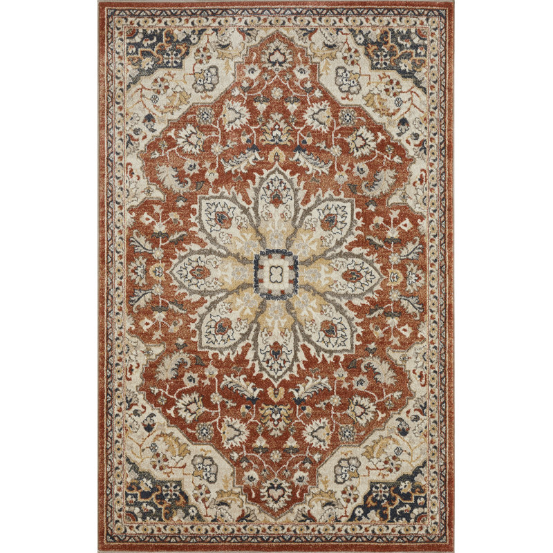 Tapis oriental en polypropylène tissé à la main en rouge / beige / gris, Rectangle 9 pi 10 po x 12 pi 10 po