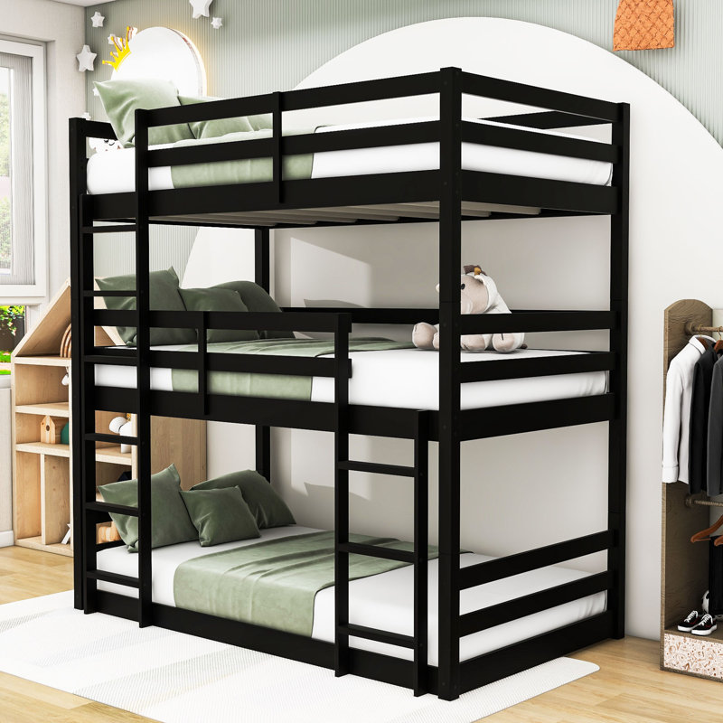 Lit superposé simple au-dessus de simple au-dessus de simple avec conception détachable, échelles intégrées, garde-corps Kaisar