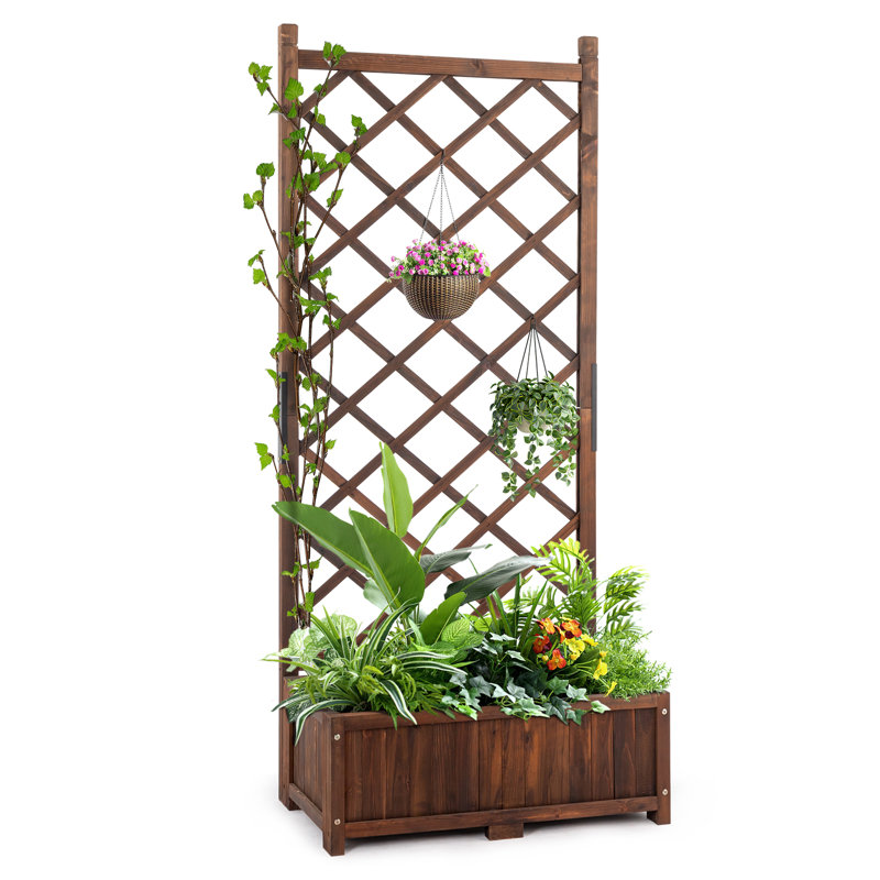 67'' Natural Fir Wood Planter Raised Garden Bed with Trellis