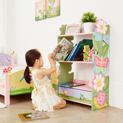 Bibliothèque à 3 niveaux Teamson Kids Magic Garden avec tiroir de rangement, bibliothèque colorée en bois pour les salles de jeux