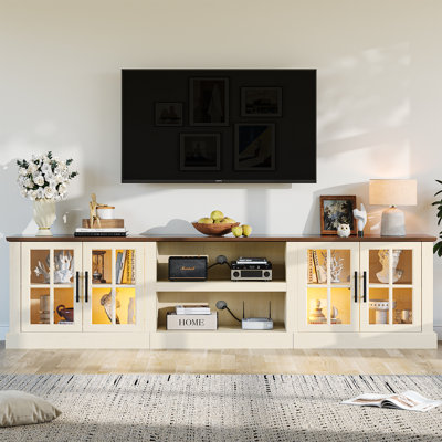 Meuble télé 80 po avec éclairage DEL, armoire en verre et tablettes ouvertes, pour téléviseur de 90 po ou moins