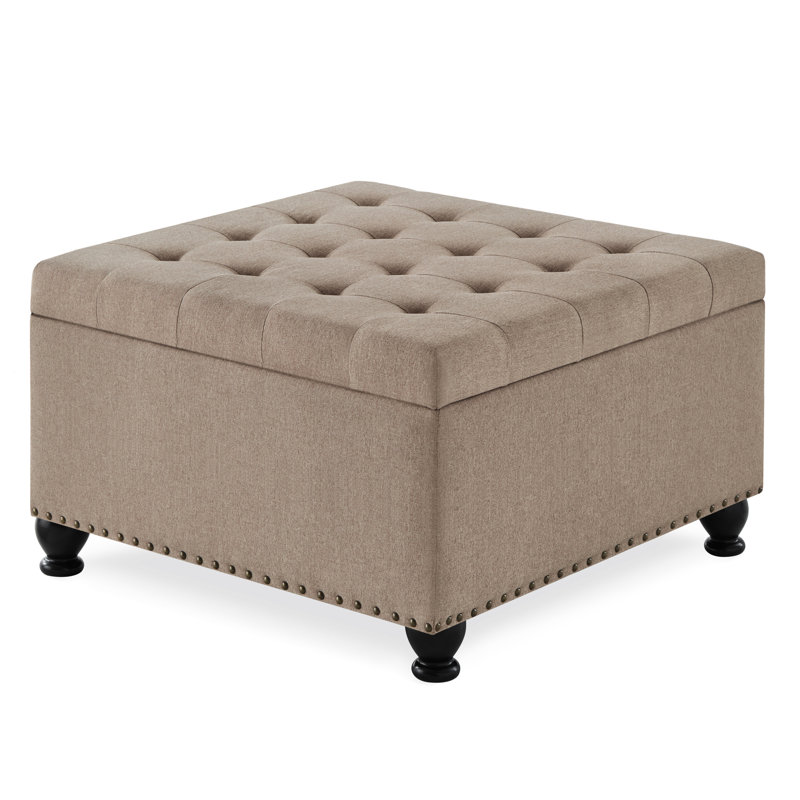 Storage With Black Linen Cover And Solid Wood Construction Legged Square Upholstery