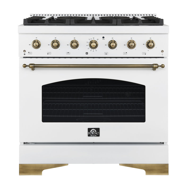 Cuisinière à double combustible 36 pouces Forno Antico avec 6 brûleurs à gaz scellés, four à convection électrique, finition laiton antique