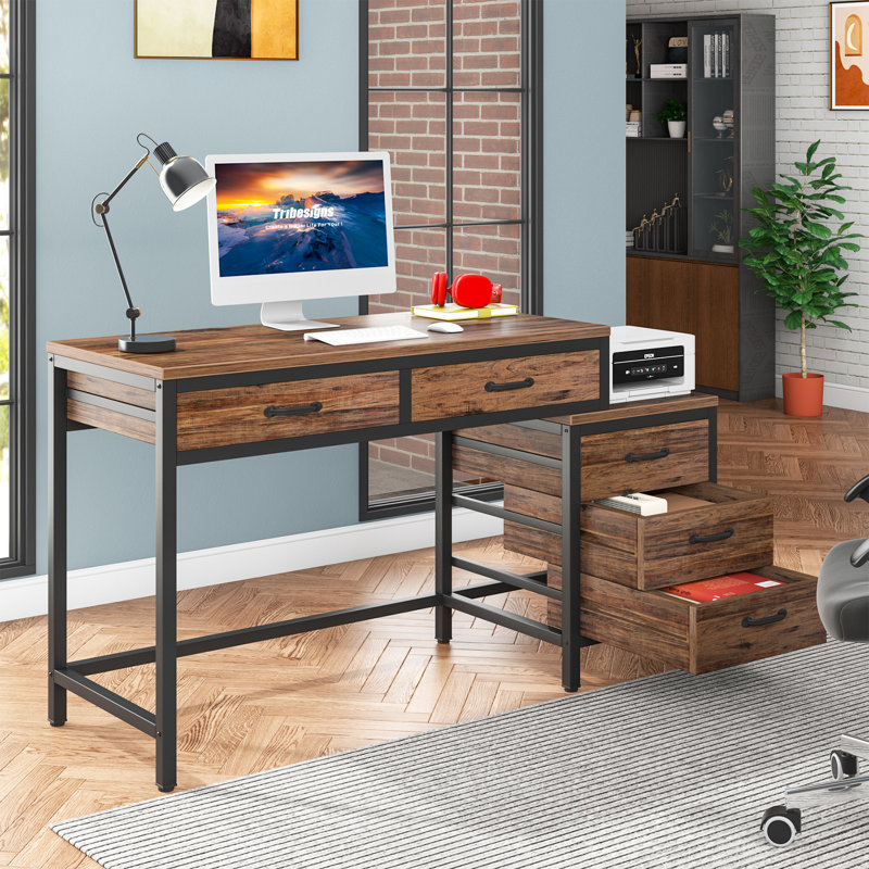 51''W Reversible Desk with Drawers, Brown/Black