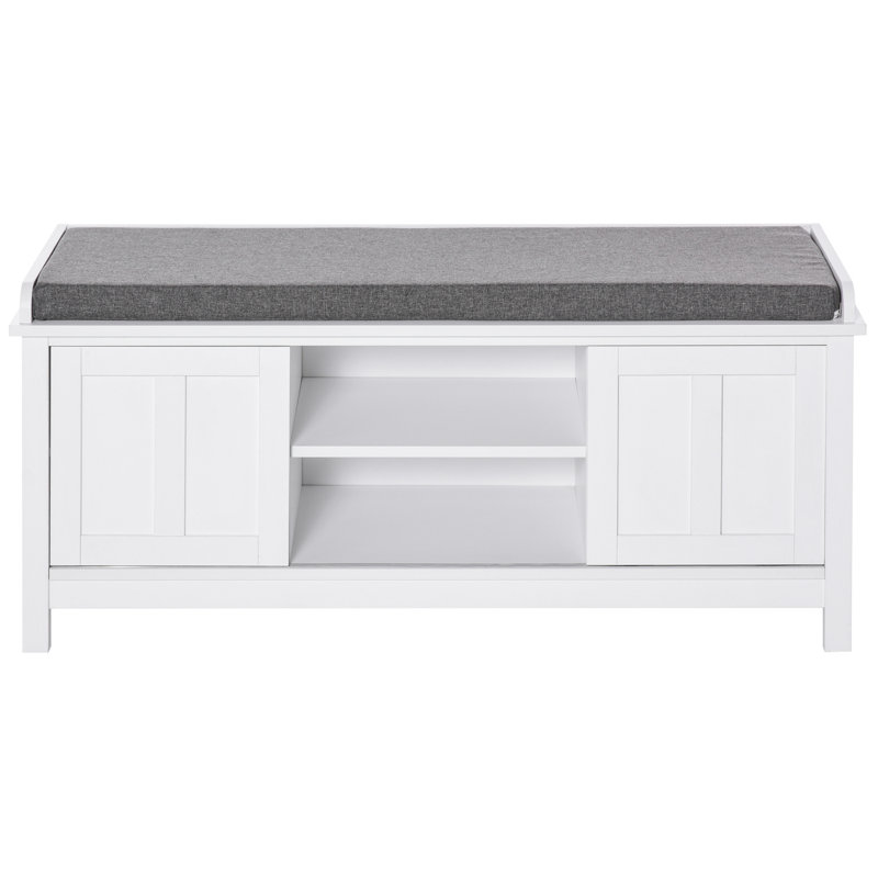Repose-pieds de rangement pour hall d'entrée avec portes coulissantes, tablettes réglables, compartiments et siège rembourré, peut contenir des paires,
