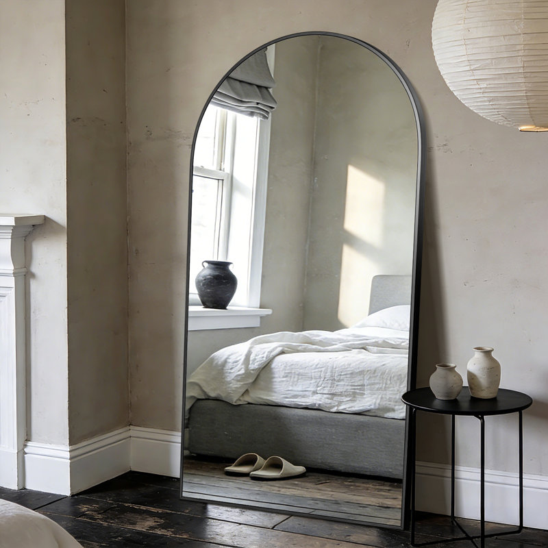 Très grand miroir de plancher arqué en métal pleine longueur avec support, miroir mural ou incliné pour chambre à coucher, salle de gym à domicile, salon, entrée