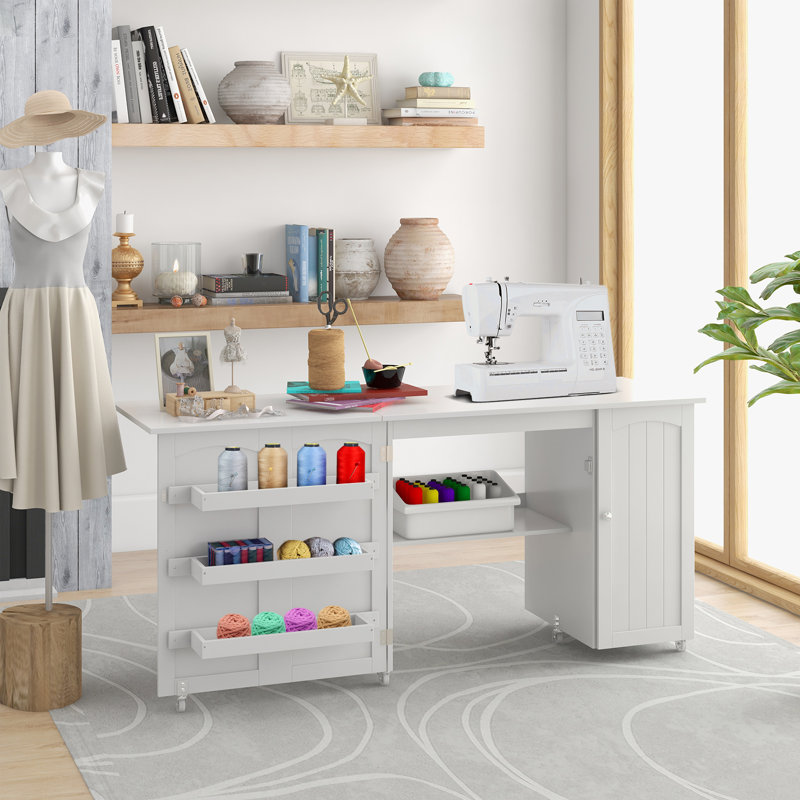 158cm x 50cm Foldable Sewing Table with Sewing Machine Platform and Wheels, White