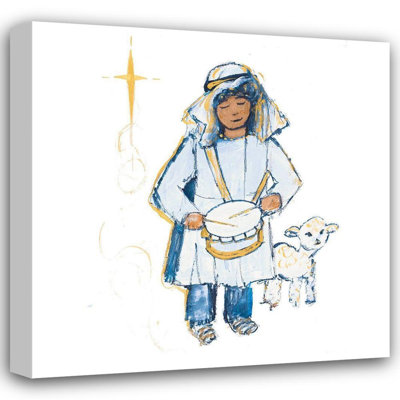 Art sur toile tendu avec Lark Manor ™ Maria, Robin: Drummer Boy and Lamb (bleu et or)