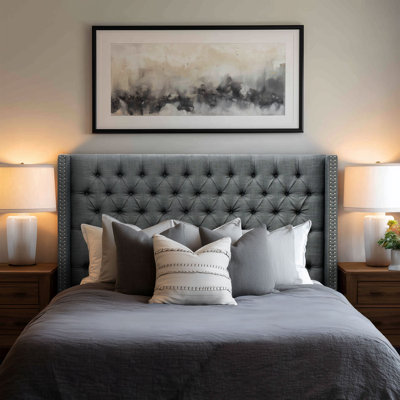 Ashwin Dark Grey Woven Wingback Queen Upholstered Headboard with Button Tufting & Nailhead Trim