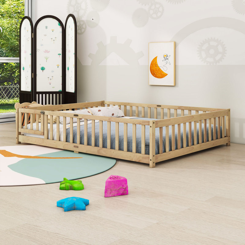 Grand lit en bois avec clôture, Naturel