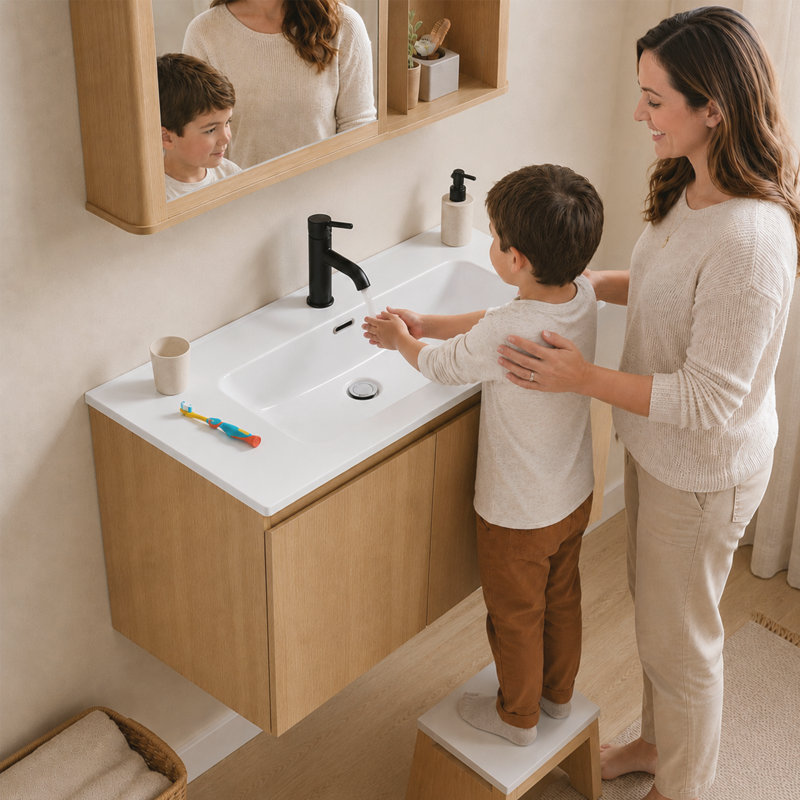 Meuble-lavabo flottant mural simple 30 po avec lavabo en céramique Sylvan, noyer naturel, contreplaqué de bois franc, portes à fermeture en douceur et rangement réglable