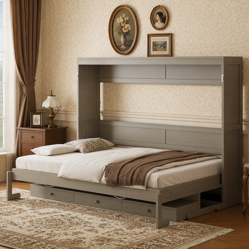 Lit escamotable mural avec rangement, armoire-lit pliable avec coiffeuse, miroir central et 2 tiroirs latéraux, Gris