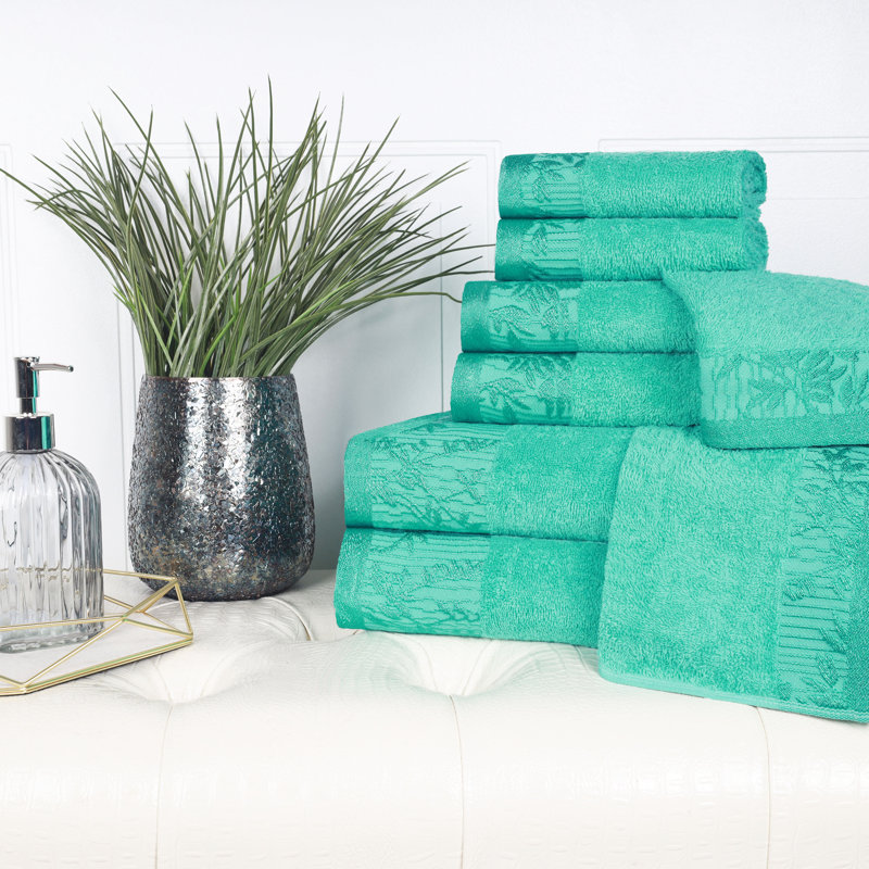 Carinna Cotton Medium Weight Floral Jacquard Border Assorted Bathroom Towel Set, Turquoise, 8 Piece Towel Set
