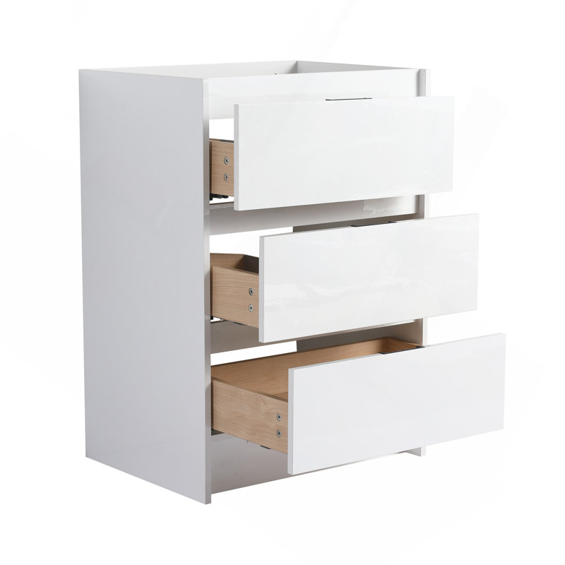 Armoire de salle de bain autoportante 24 po, 3 tiroirs à fermeture en douceur blanc brillant (meuble-lavabo seulement)