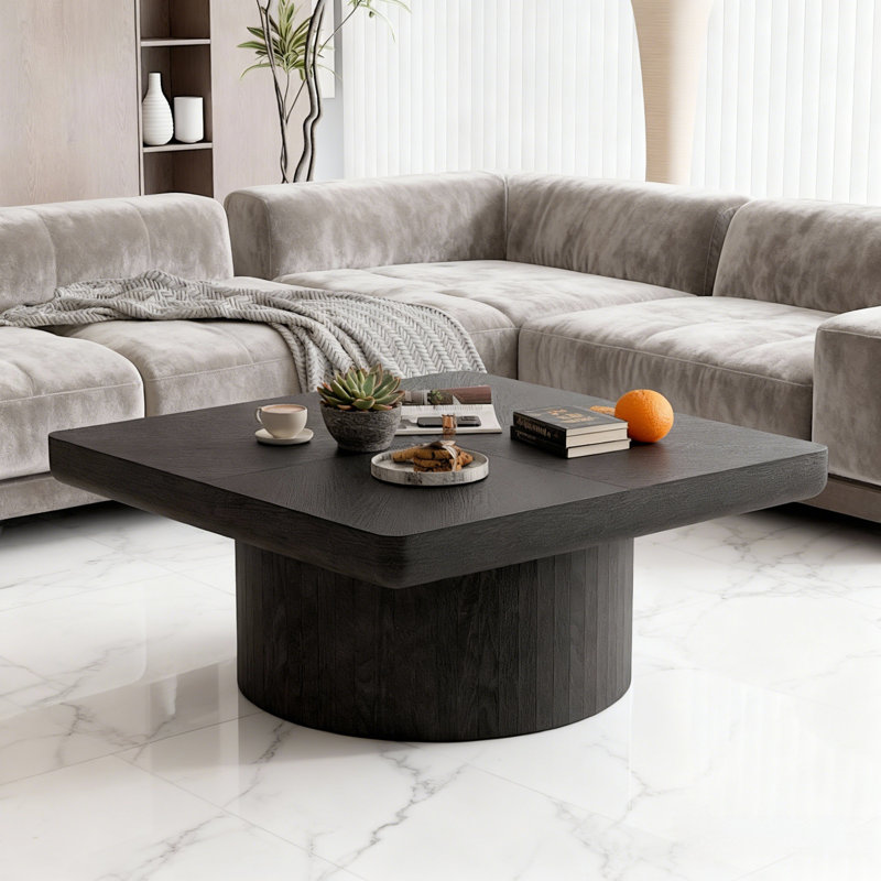 Square Coffee Table With Cylindrical Base, Black