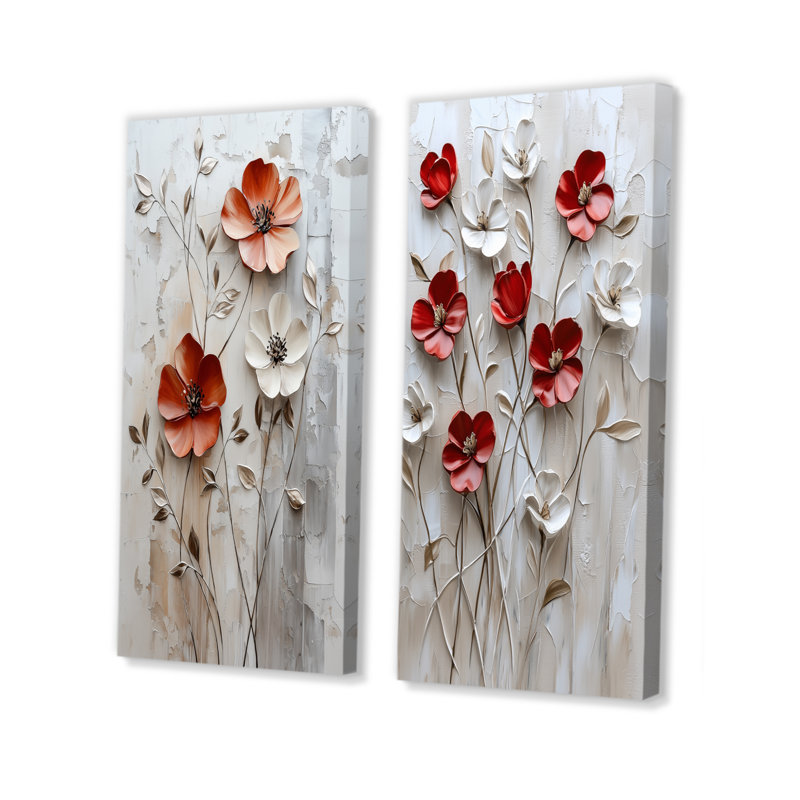 «Red Blooming Poppies Melody I» - ensemble d'art mural 2 coquelicots, Ne s’applique pas, Toile tendue sur cadre