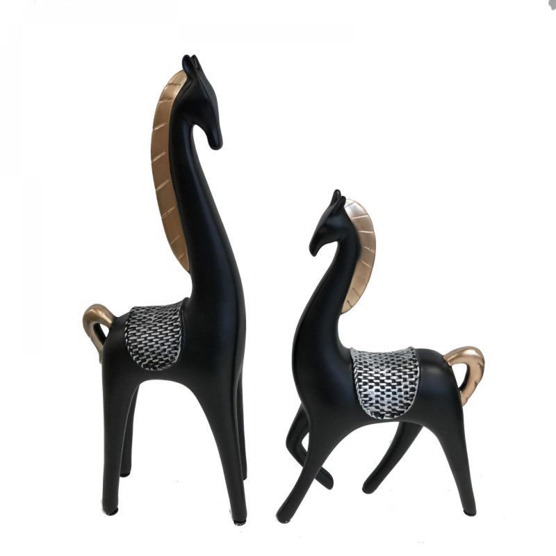 Ensemble de 2 statues abstraites à long cou avec selles, Noir / argenté