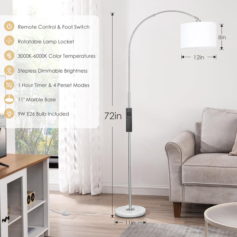 Floor Lamp With Remote Control, Stepless Dimmable LED Bulb, Rotatable Drum Shade, And Foot Switch For Living Room, Bedroom, Or Office