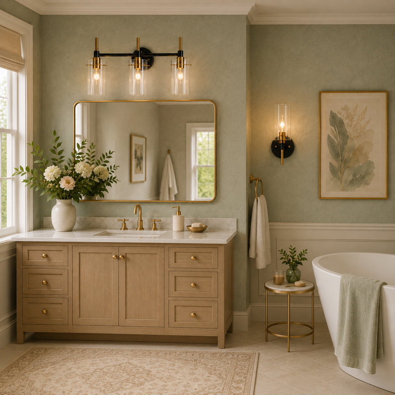 Éclairage pour meuble-lavabo moderne en verre transparent à 3 lumières à intensité variable, Noir mat / Or, 3 lumières