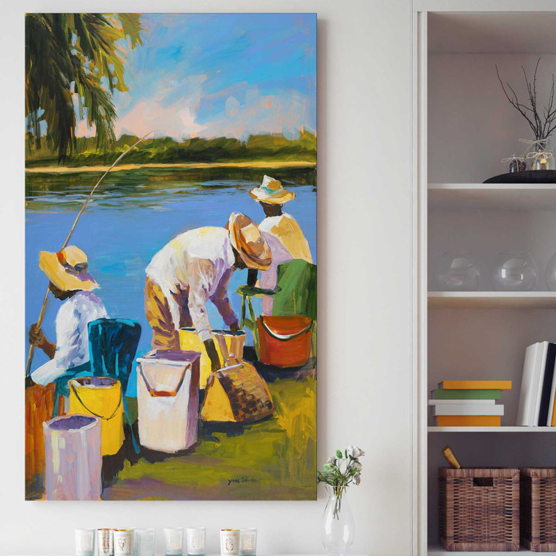 «Fishing I», reproduction de peinture acrylique, H 49,5 po x l 33,5 po x P 1 po, Cadre blanc