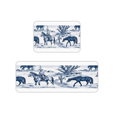 Blue White Cowboy Kitchen Mats, 2 Pack Western Rugs For Kitchen & Ranch Style Space