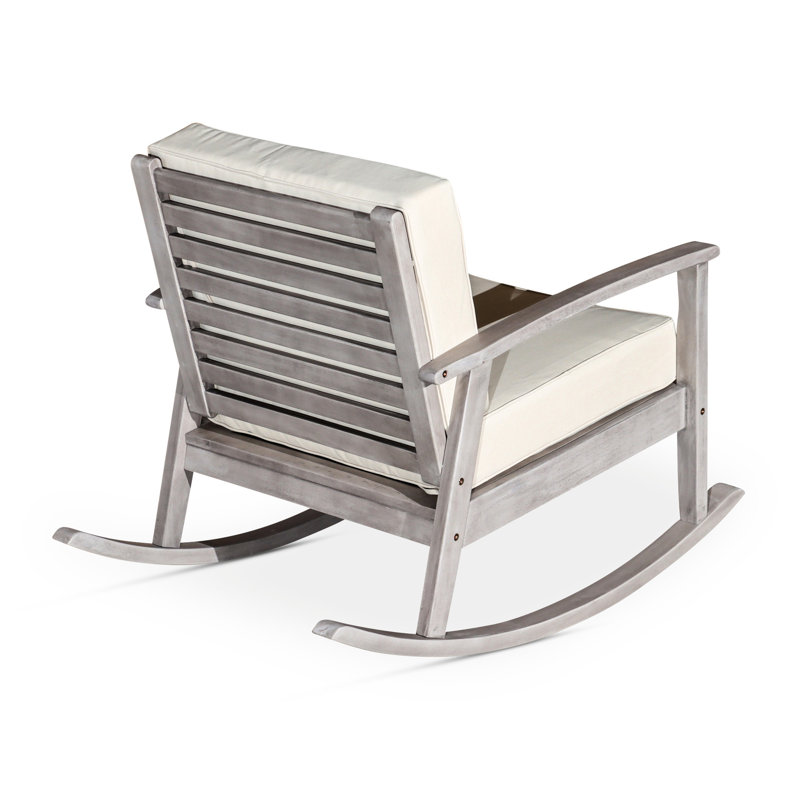 Chaise berçante en eucalyptus avec coussins foncés, gris argenté pour zone de détente extérieure, Gris argenté